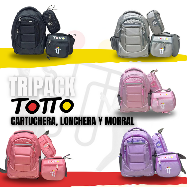 TRIPACK TOTTO® CARTUCHERA, LONCHERA Y MORRAL METALIZADO ✅🔥